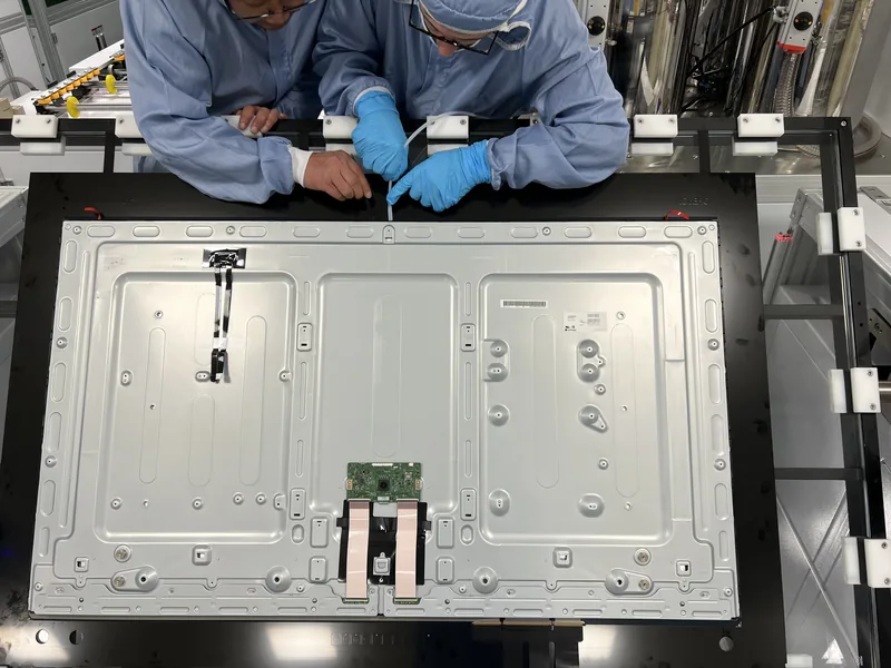 Technicians working on the rear electronics of a large display